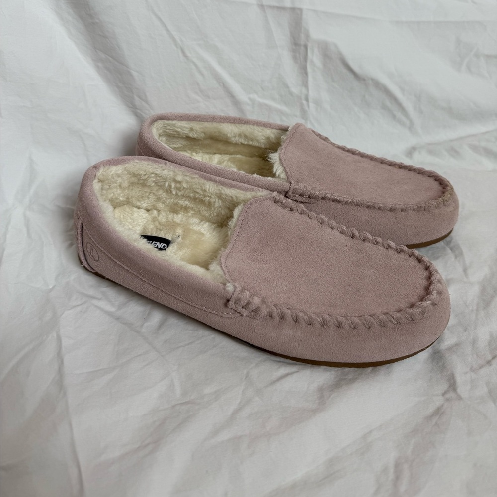 Lands End Fur Lined House Slippers Loafers Light Pink Suede Womens Size 8
